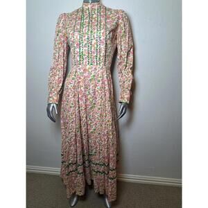 VTG 1970’s Floral Tiered Maxi Dress Pink Flower Prairie Well Hand Made IN USA